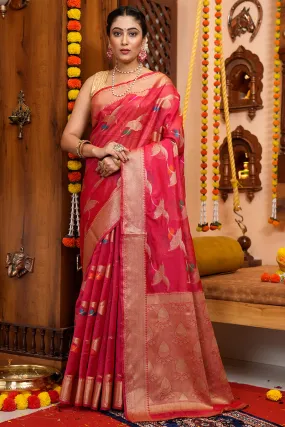 Eye-catching Dark Pink Organza Silk Saree With Beautiful Blouse Piece