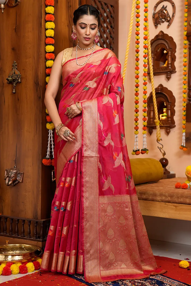 Eye-catching Dark Pink Organza Silk Saree With Beautiful Blouse Piece