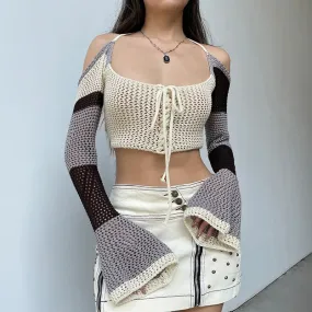 Fairycore Stripe Halter Knitted Sweater Women Flare Sleeve Vintage Pullover Lace Up Short Hollow Out Knit Crop Jumper