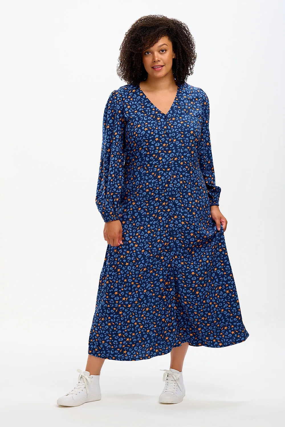 Fatimah V-Neck Maxi Dress - Blue, Star Lightning Animal