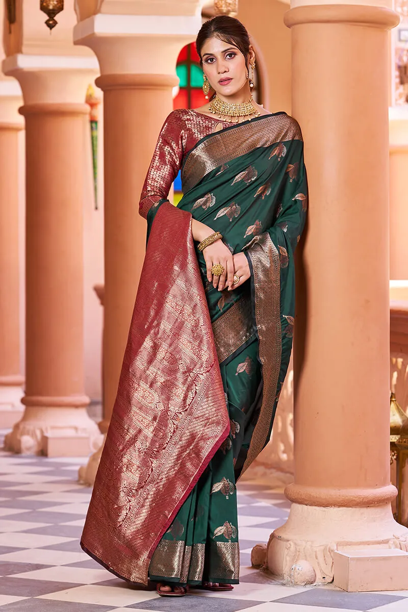 Flamboyant Dark Green Soft Banarasi Silk Saree With Pleasant Blouse Piece