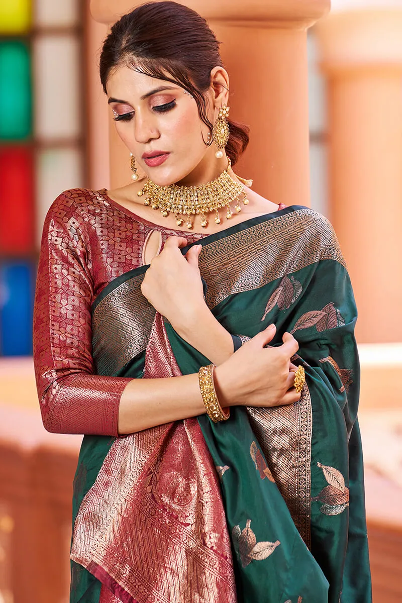 Flamboyant Dark Green Soft Banarasi Silk Saree With Pleasant Blouse Piece