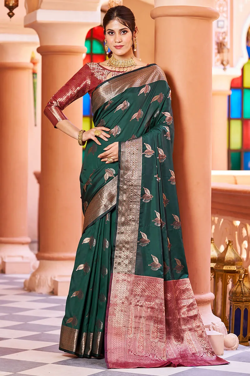 Flamboyant Dark Green Soft Banarasi Silk Saree With Pleasant Blouse Piece