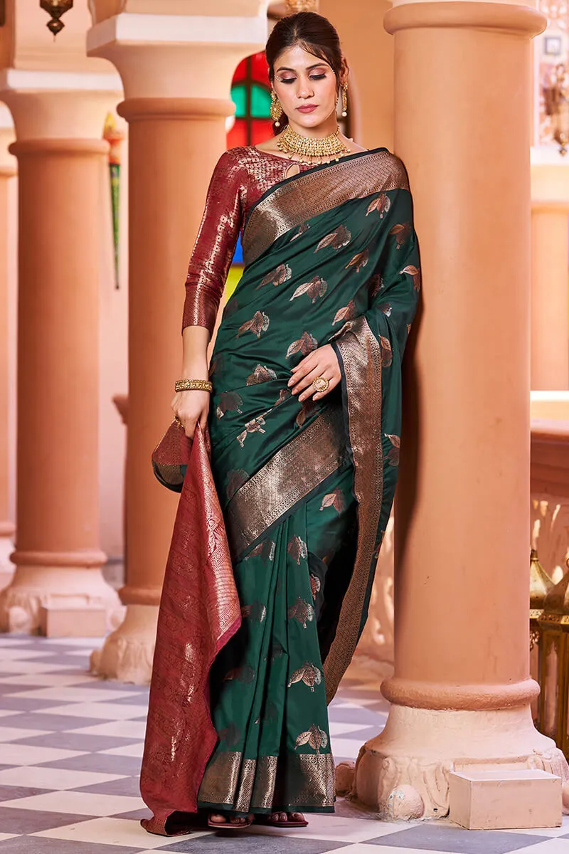 Flamboyant Dark Green Soft Banarasi Silk Saree With Pleasant Blouse Piece