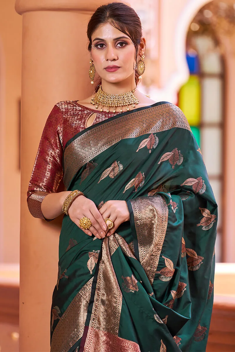 Flamboyant Dark Green Soft Banarasi Silk Saree With Pleasant Blouse Piece