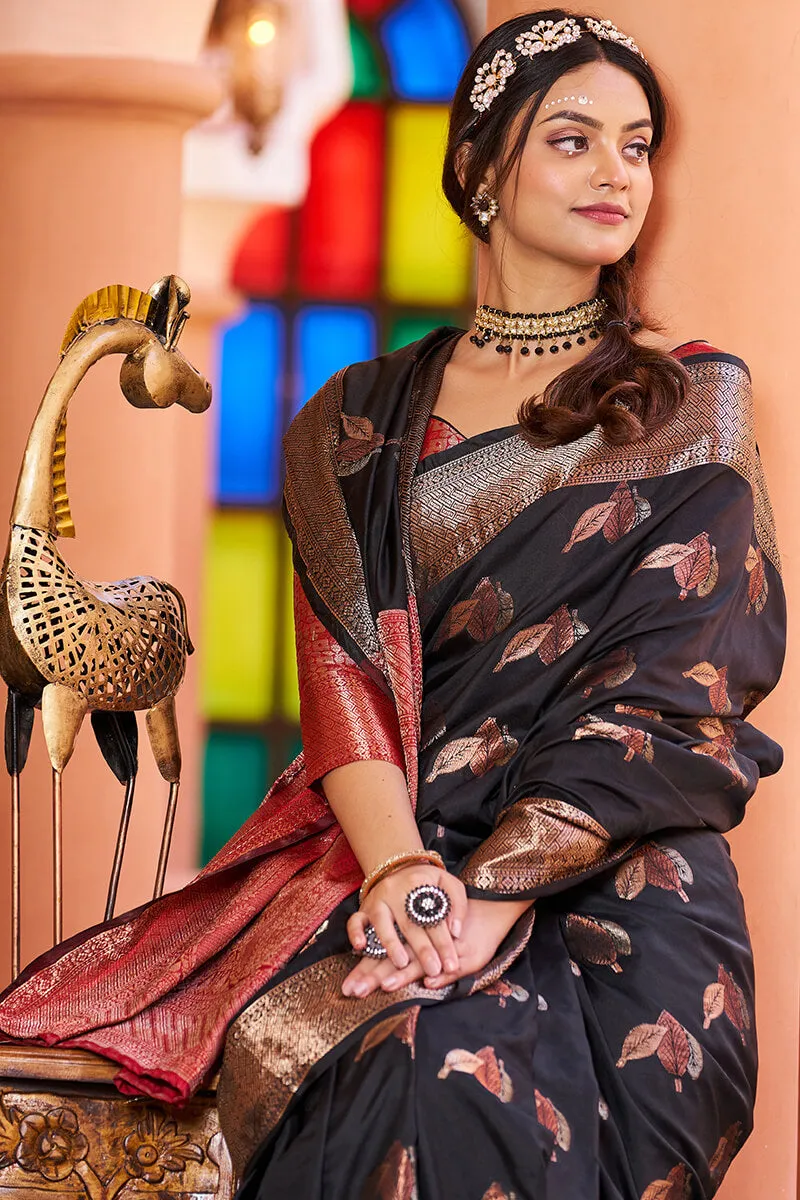 Flameboyant Black Soft Banarasi Silk Saree With Desirable Blouse Piece