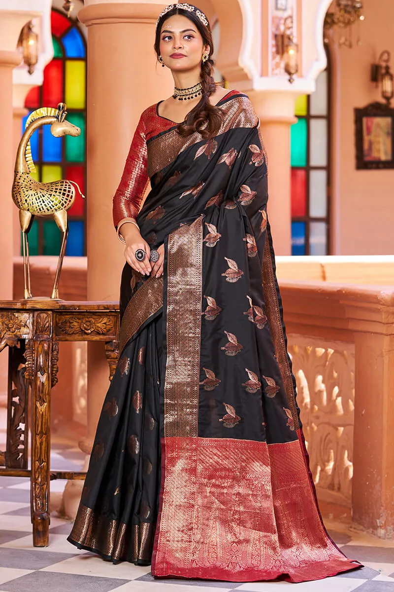 Flameboyant Black Soft Banarasi Silk Saree With Desirable Blouse Piece