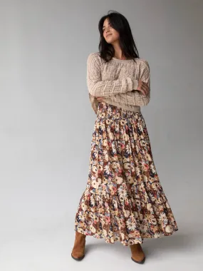 Flora Cotton Convertible Maxi Skirt - Brown Navy Floral