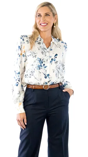 Floral Blouse - Ivory, Blue, Gold, Gray