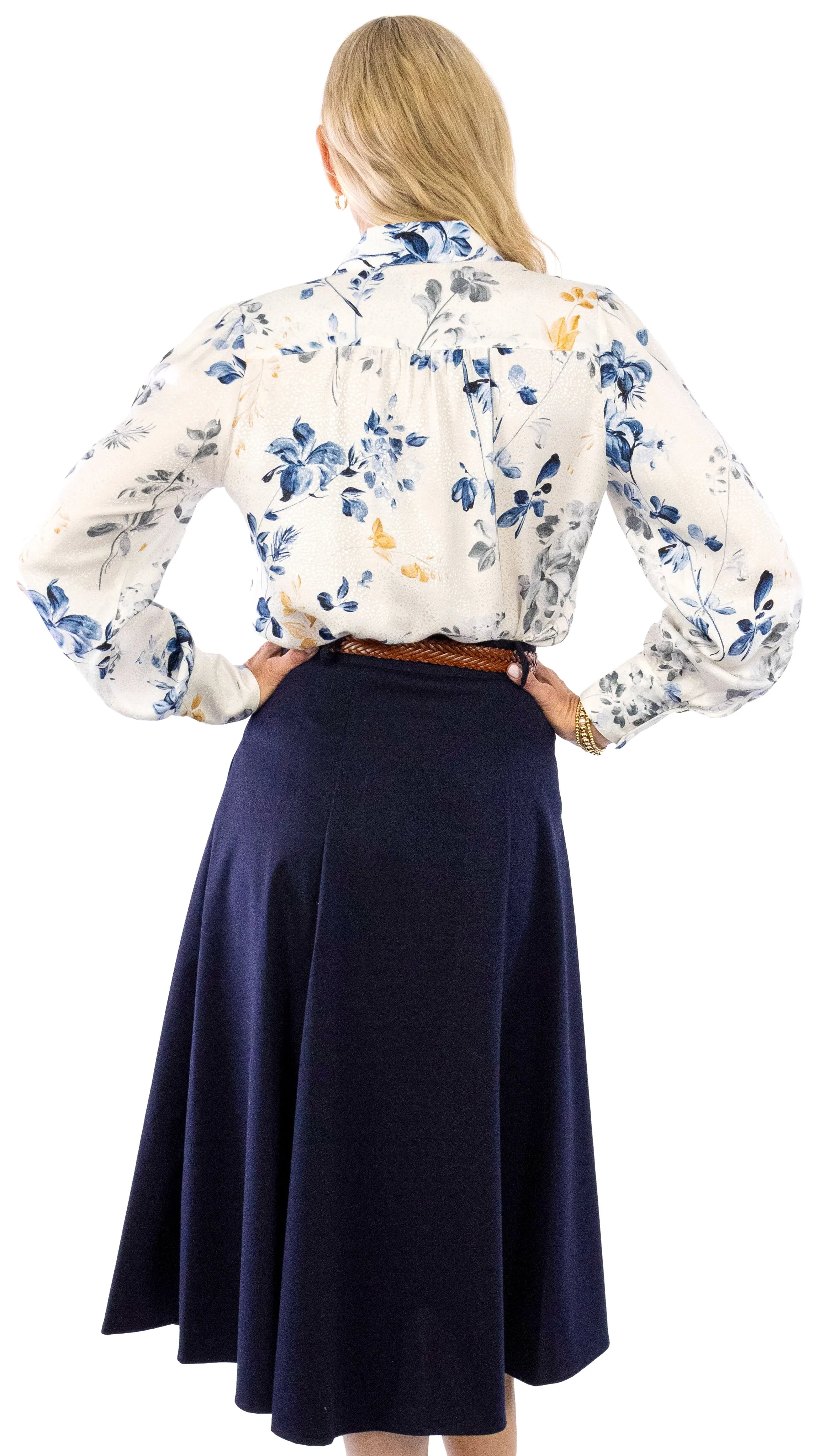 Floral Blouse - Ivory, Blue, Gold, Gray