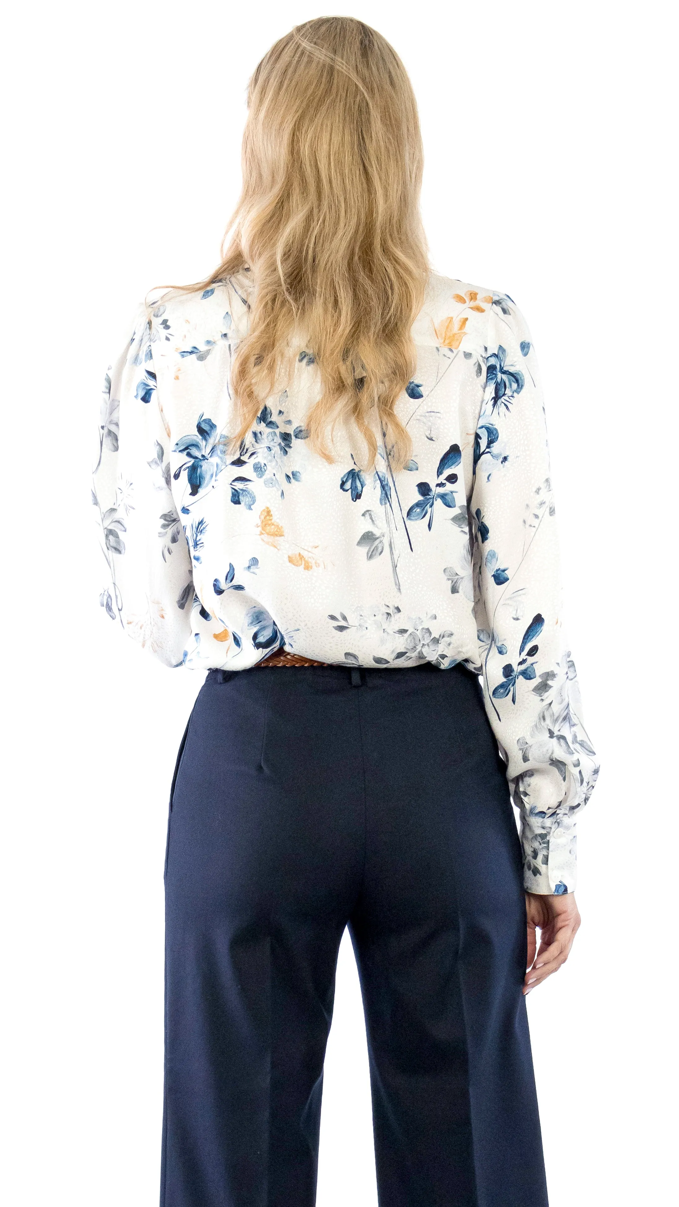 Floral Blouse - Ivory, Blue, Gold, Gray