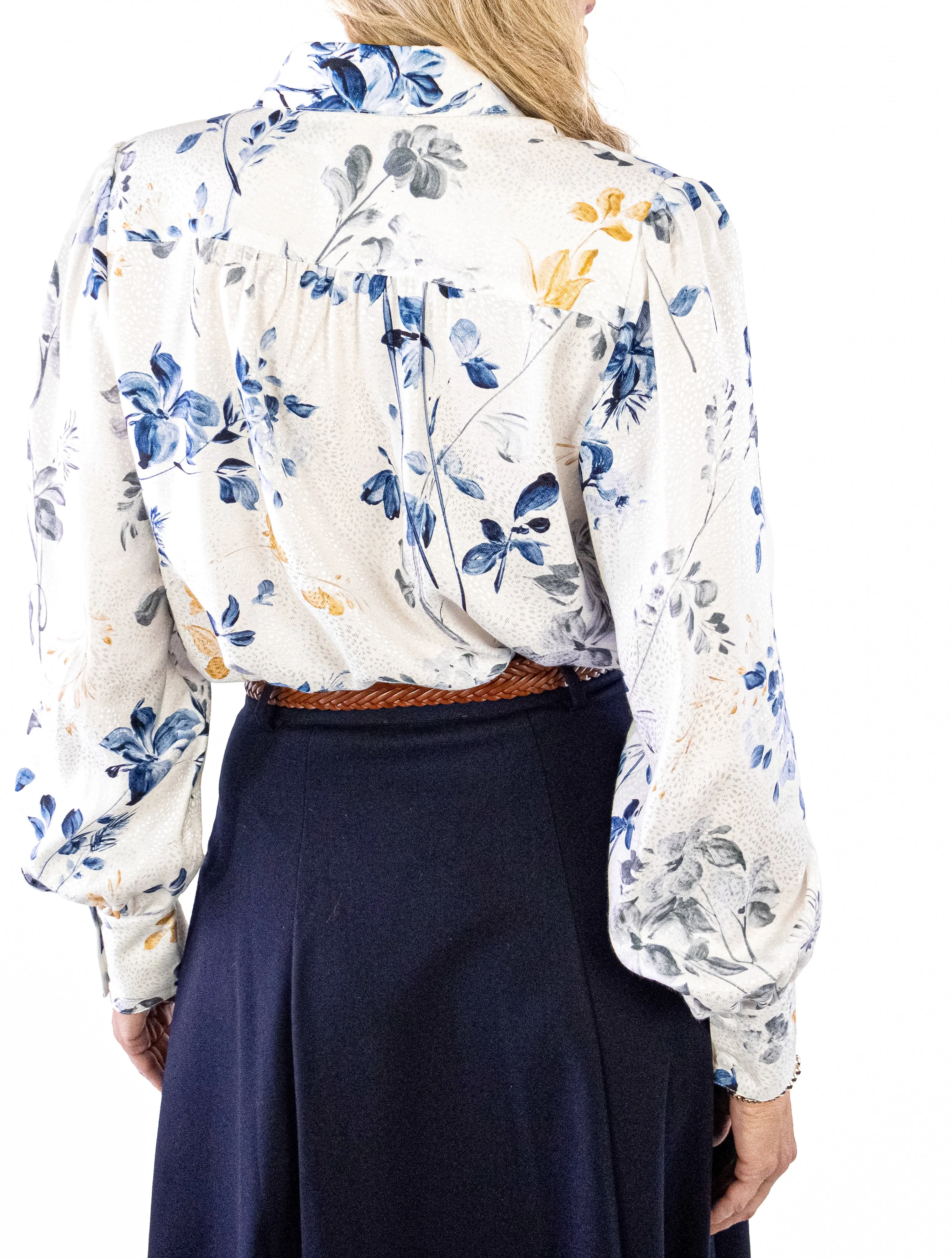 Floral Blouse - Ivory, Blue, Gold, Gray