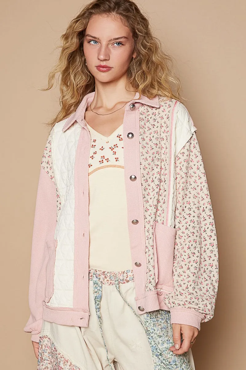 Floral Exposed Seam Button Up Quilted Jacket