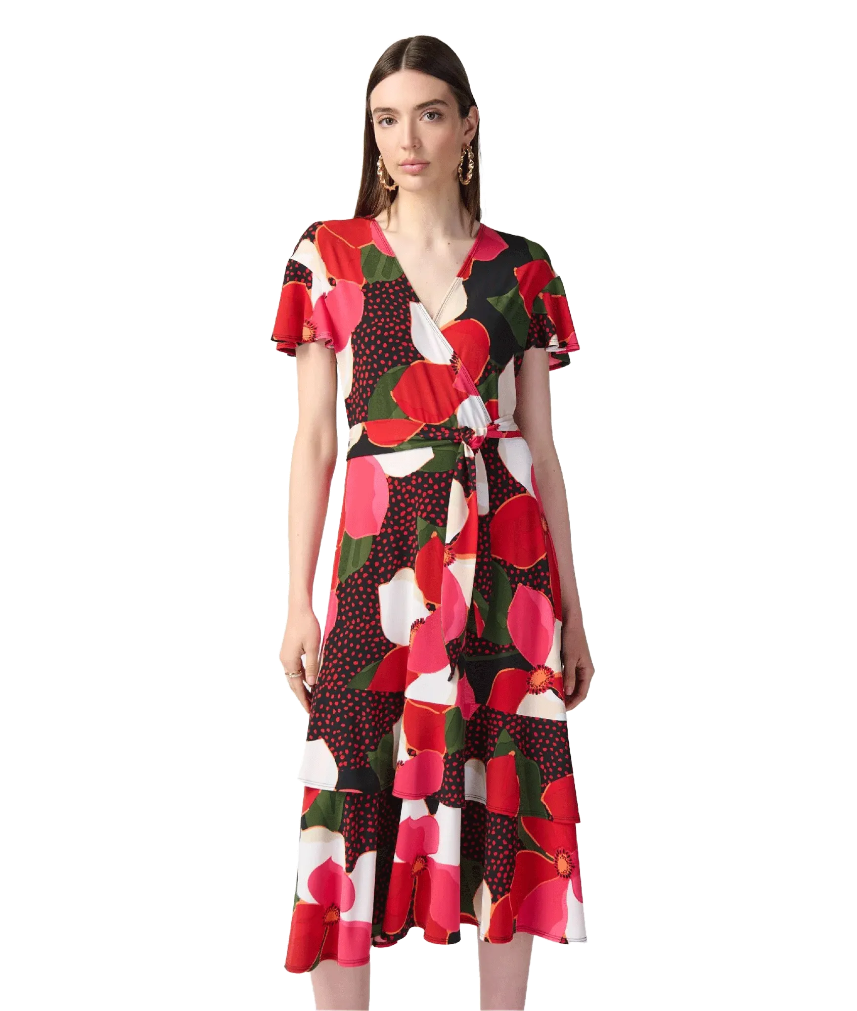 Floral Print Silky Knit Flowy Wrap Dress - Multi