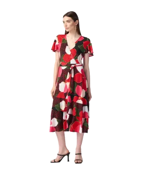 Floral Print Silky Knit Flowy Wrap Dress - Multi