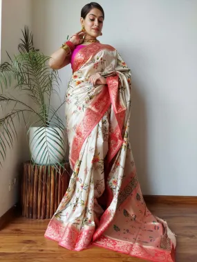 Flower Orange Saree with  Floral Print Paithani Silk