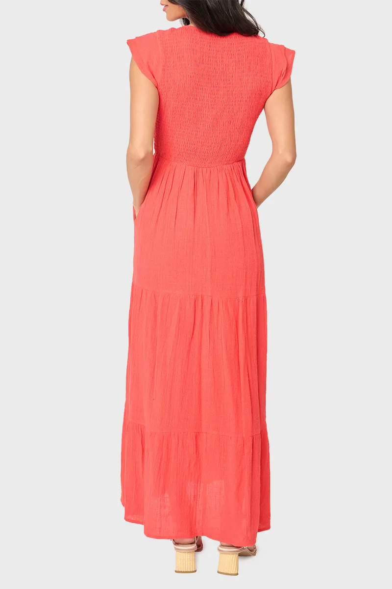 Flutter Sleeve Smocked V-Neck Tiered Maxi Dress