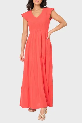 Flutter Sleeve Smocked V-Neck Tiered Maxi Dress