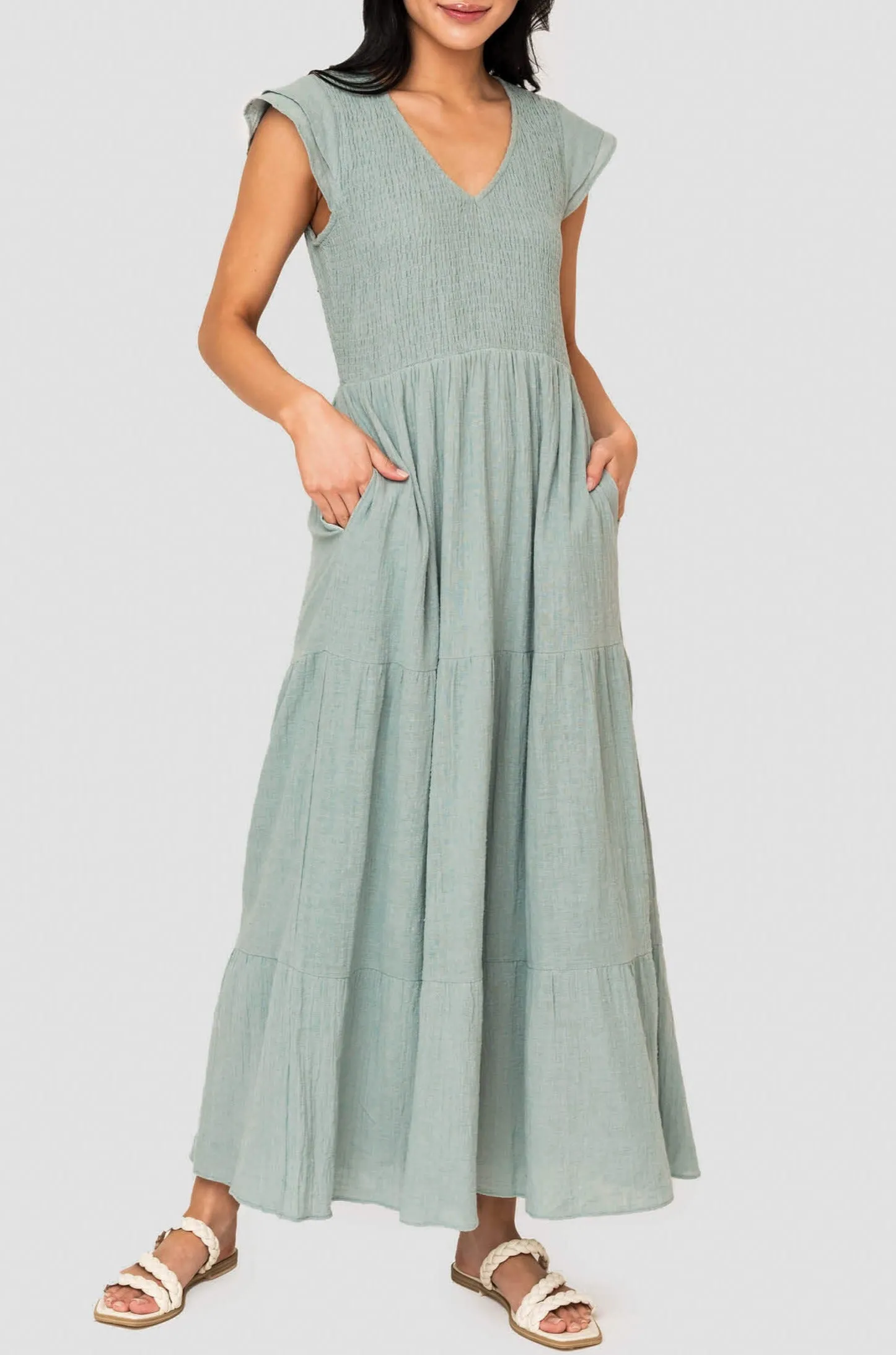 Flutter Sleeve Smocked V-Neck Tiered Maxi Dress