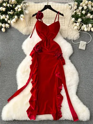 French Retro Velvet Dress Spaghetti Strap Sleeveless 3D Flowers Split Red Evening Party Sexy Dress