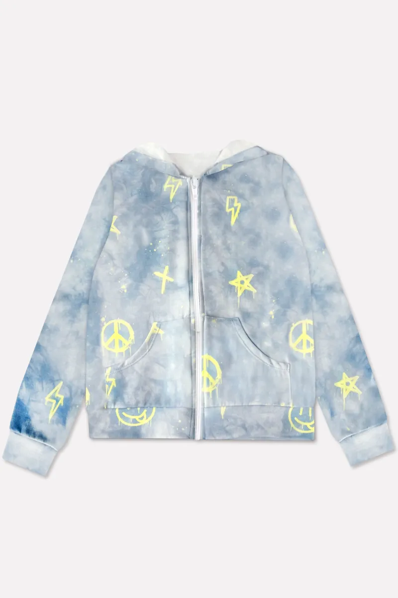 French Terry Zip Hoodie - Denim Tie Dye Emojis