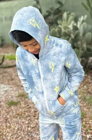 French Terry Zip Hoodie - Denim Tie Dye Emojis