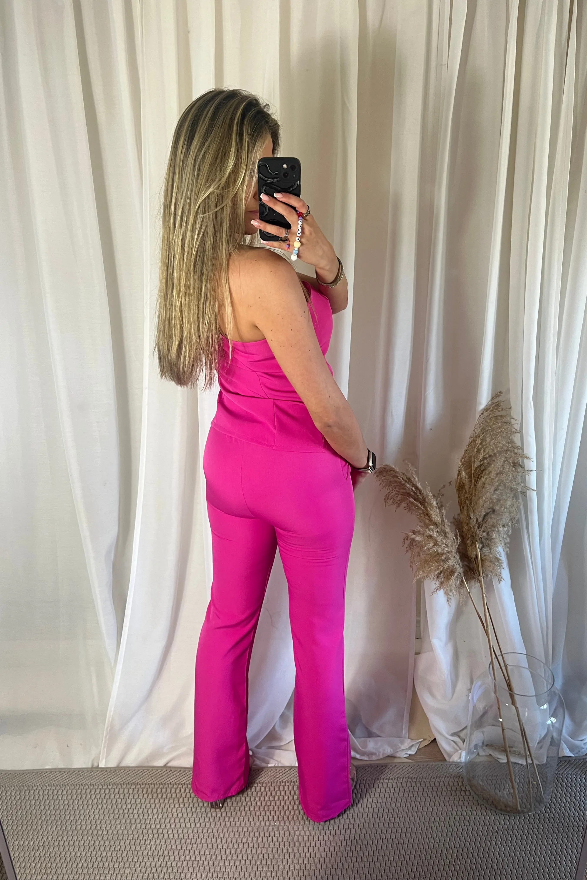 Fuchsia one shoulder trouser set -TROUSERS