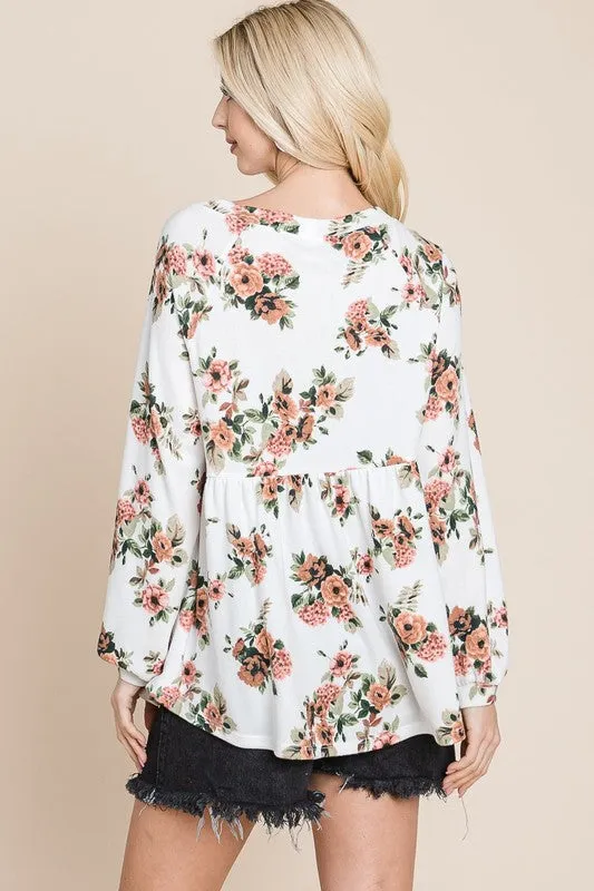 Full Size Babydoll Floral Boat Neck Long Sleeve Blouse