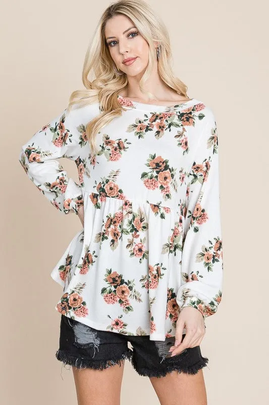 Full Size Babydoll Floral Boat Neck Long Sleeve Blouse