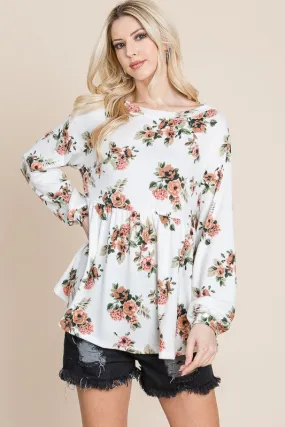 Full Size Babydoll Floral Boat Neck Long Sleeve Blouse