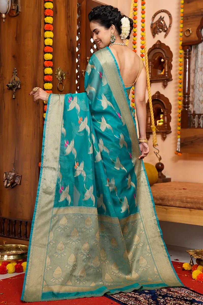 Girlish Firozi Organza Silk Saree With Demanding Blouse Piece