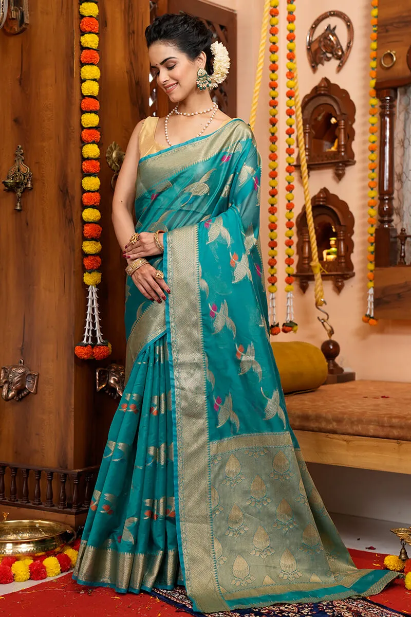 Girlish Firozi Organza Silk Saree With Demanding Blouse Piece