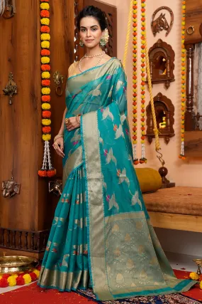 Girlish Firozi Organza Silk Saree With Demanding Blouse Piece