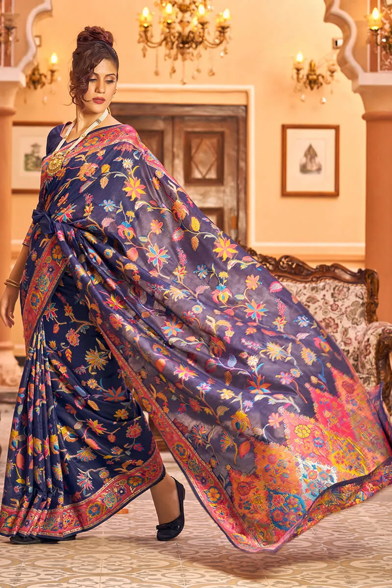 Girlish Navy Blue Linen Silk Saree With Engrossing Blouse Piece