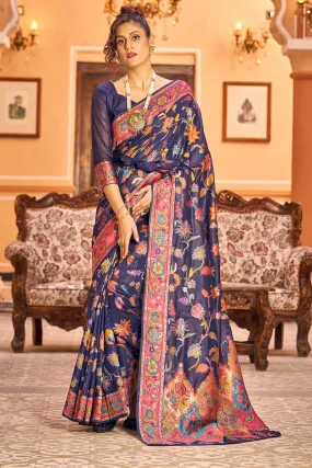 Girlish Navy Blue Linen Silk Saree With Engrossing Blouse Piece