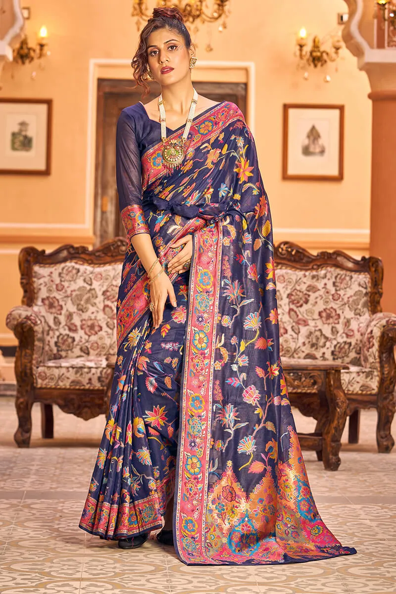 Girlish Navy Blue Linen Silk Saree With Engrossing Blouse Piece