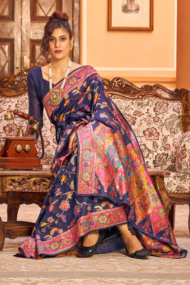 Girlish Navy Blue Linen Silk Saree With Engrossing Blouse Piece