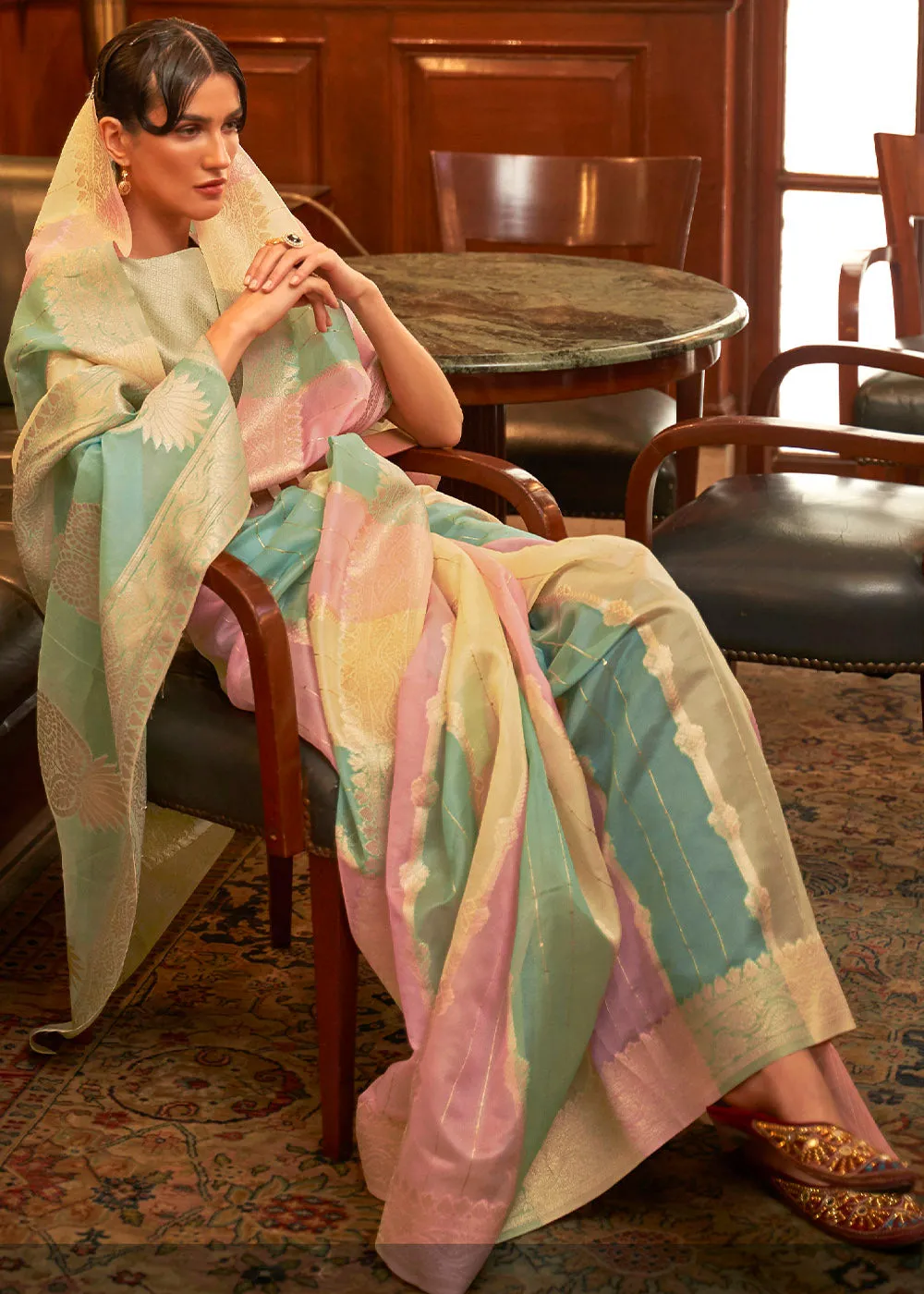 Green & Pink  Woven Organza Silk Saree