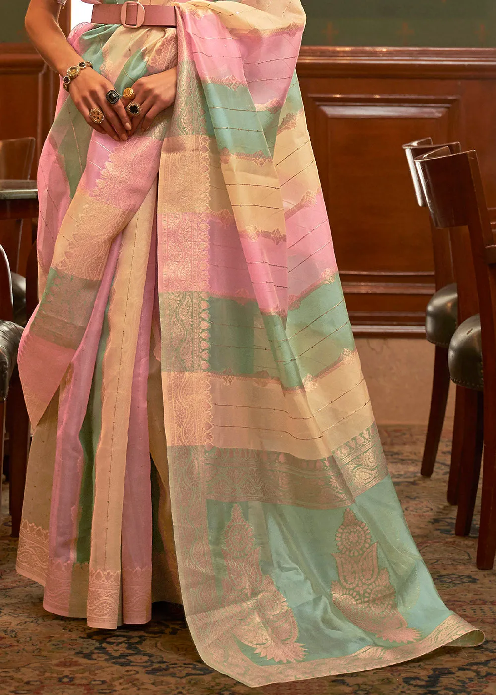 Green & Pink  Woven Organza Silk Saree