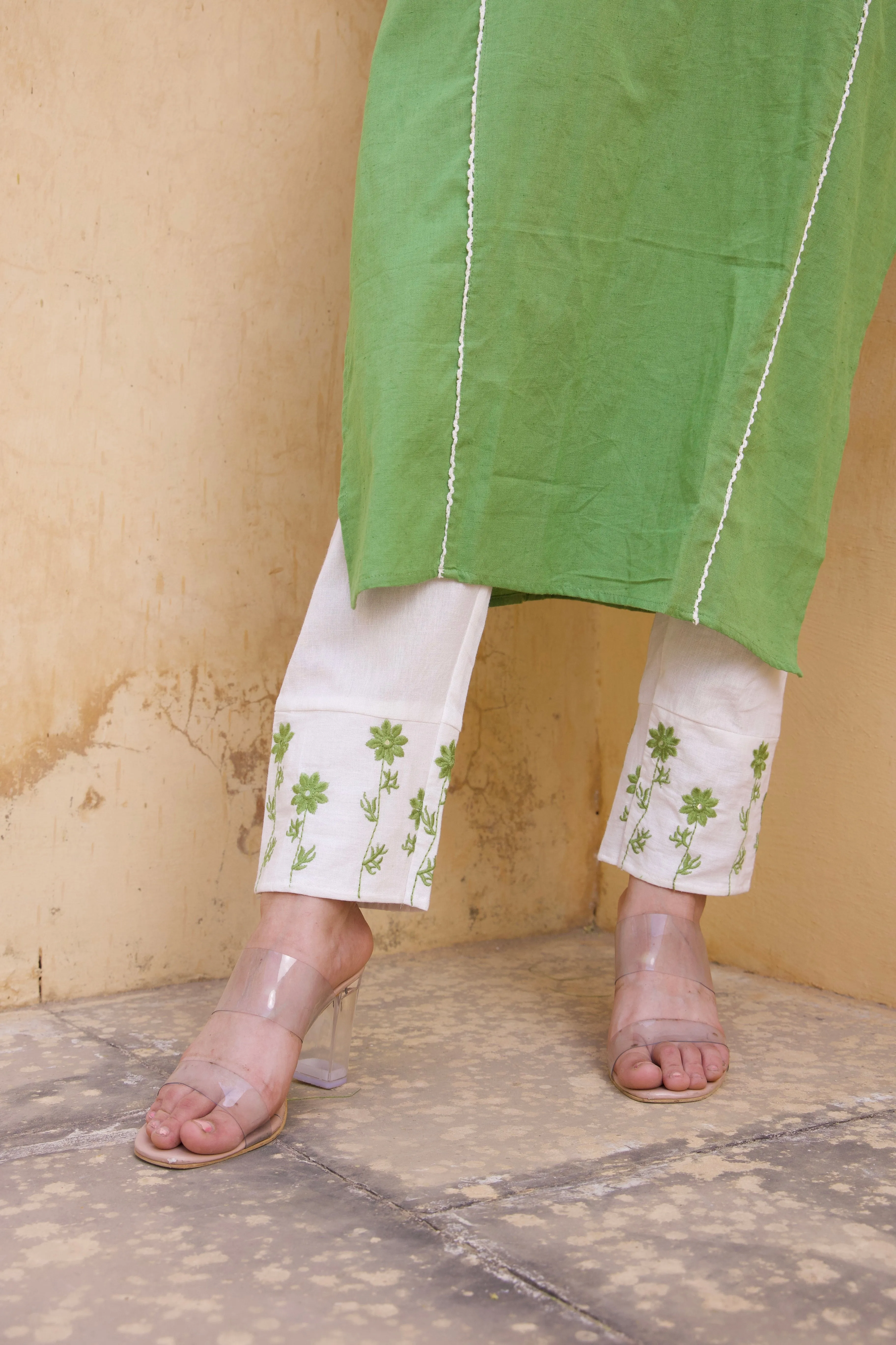 Green Cotton floral Kurta Set