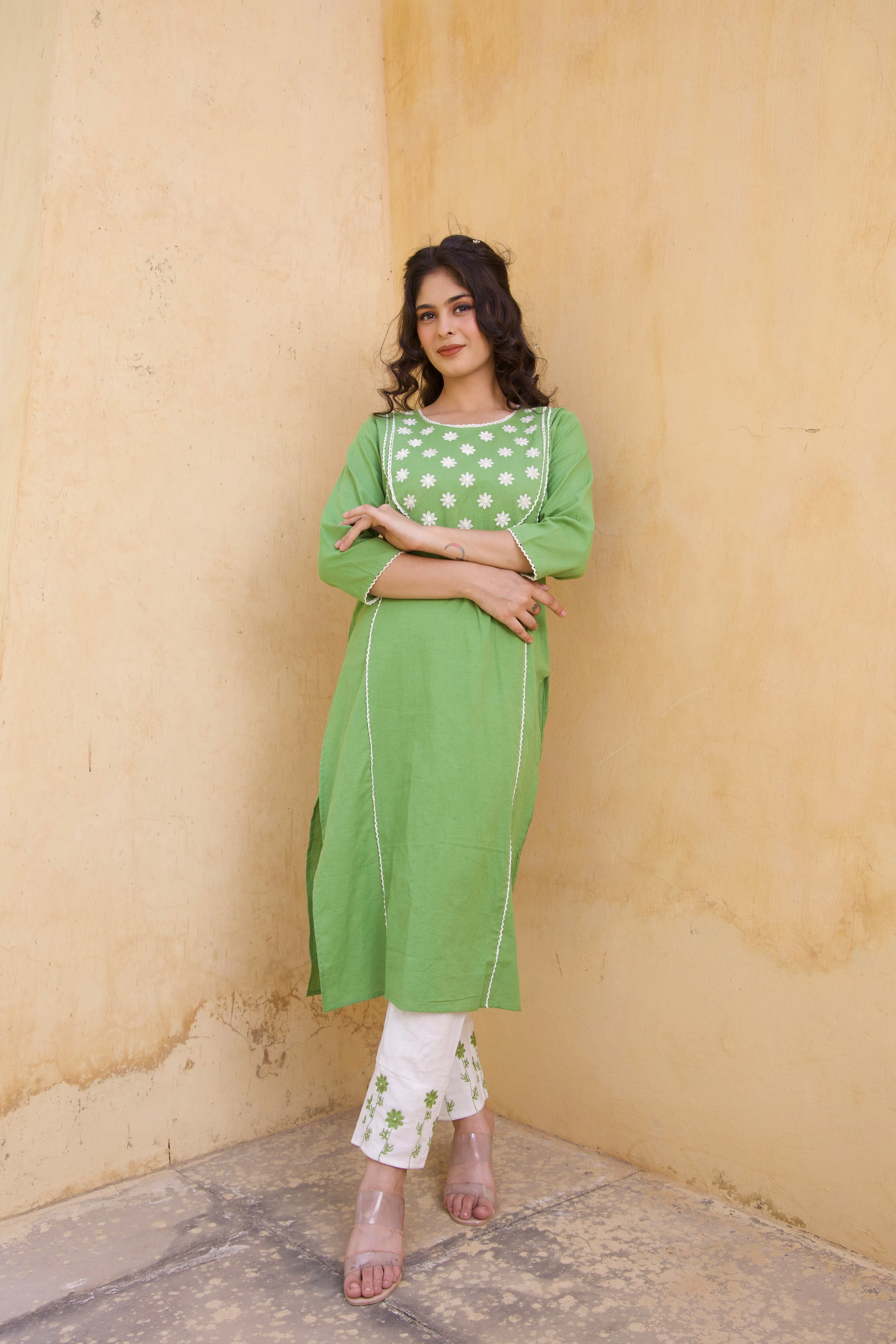 Green Cotton floral Kurta Set