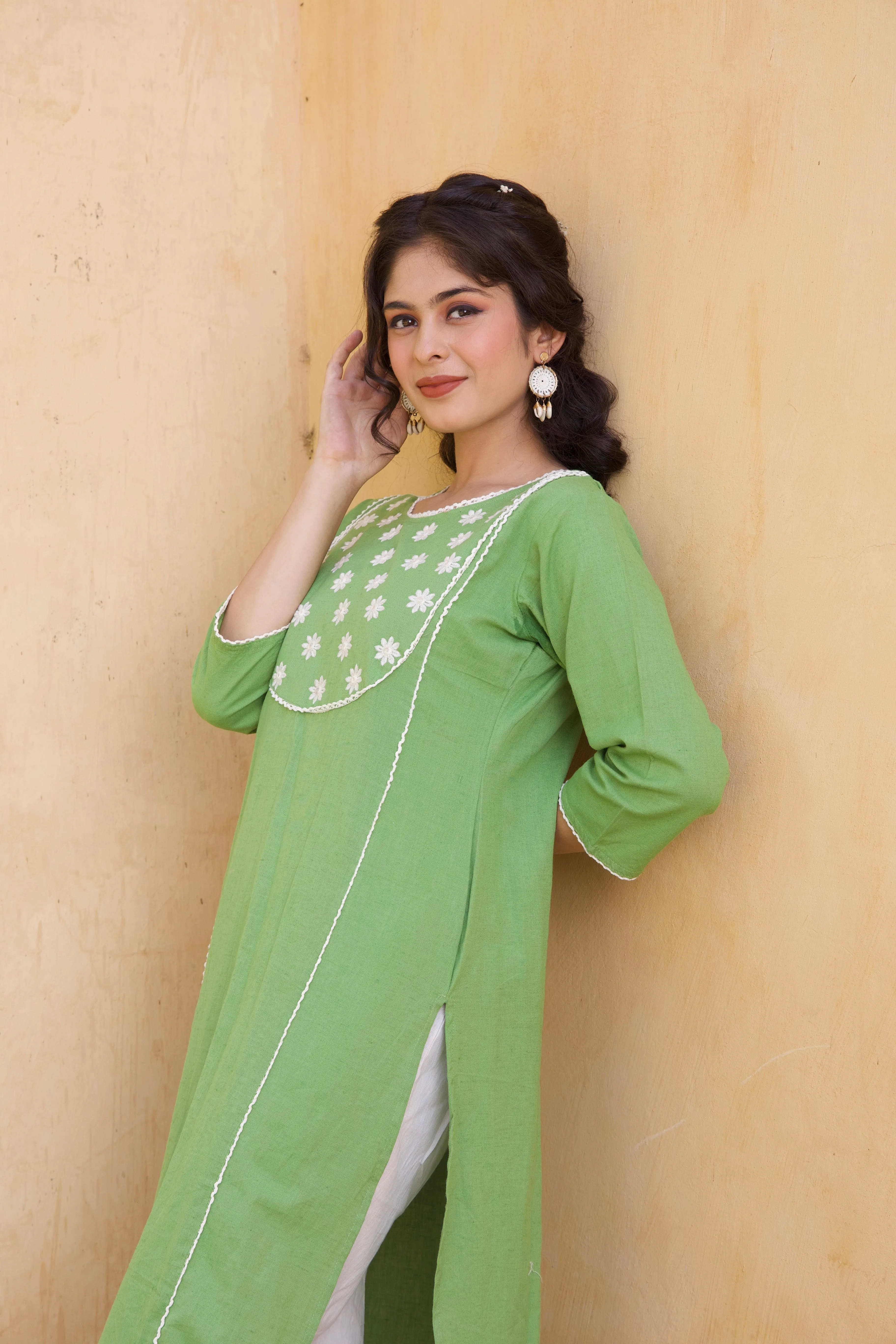 Green Cotton floral Kurta Set