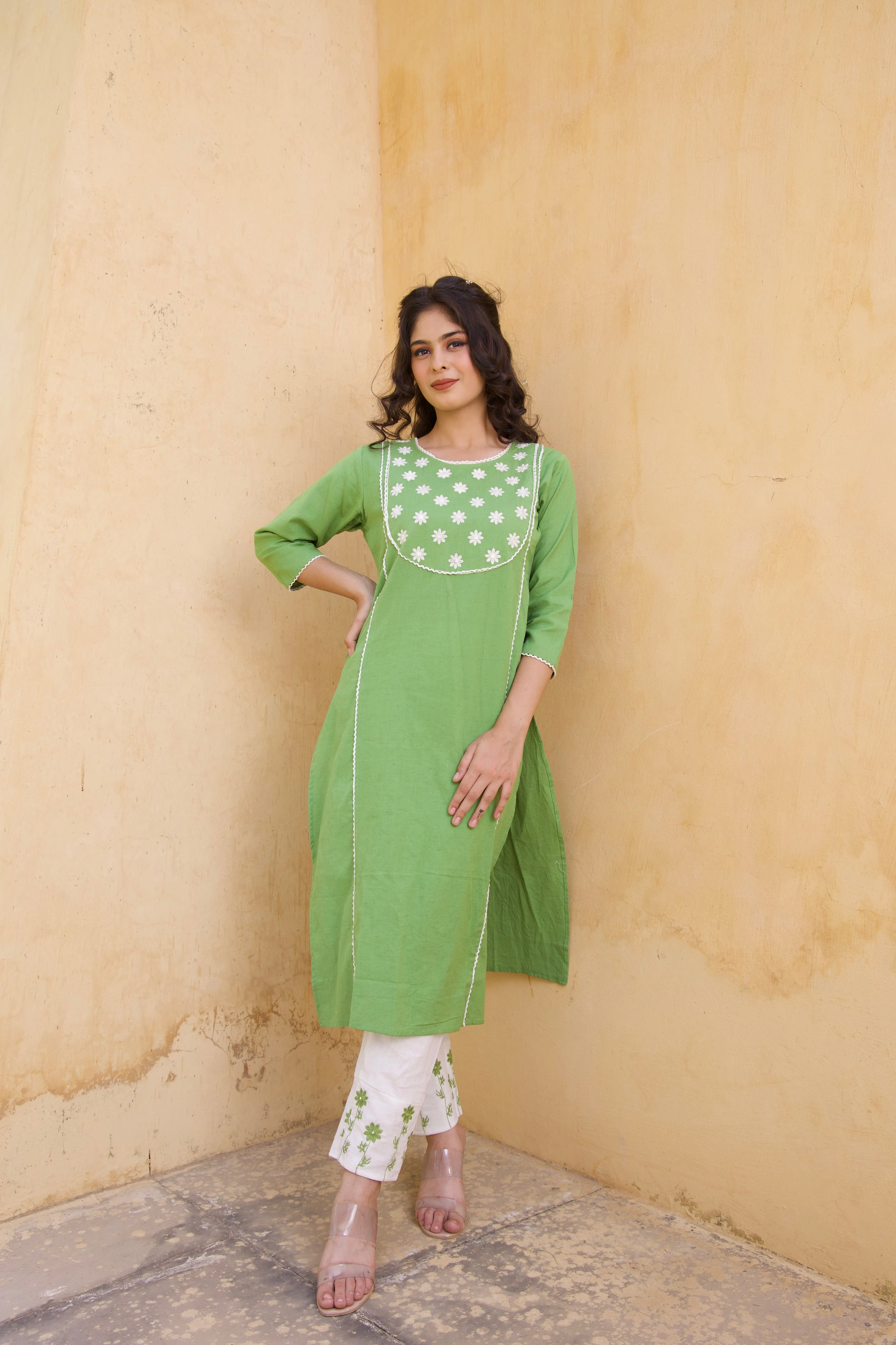 Green Cotton floral Kurta Set