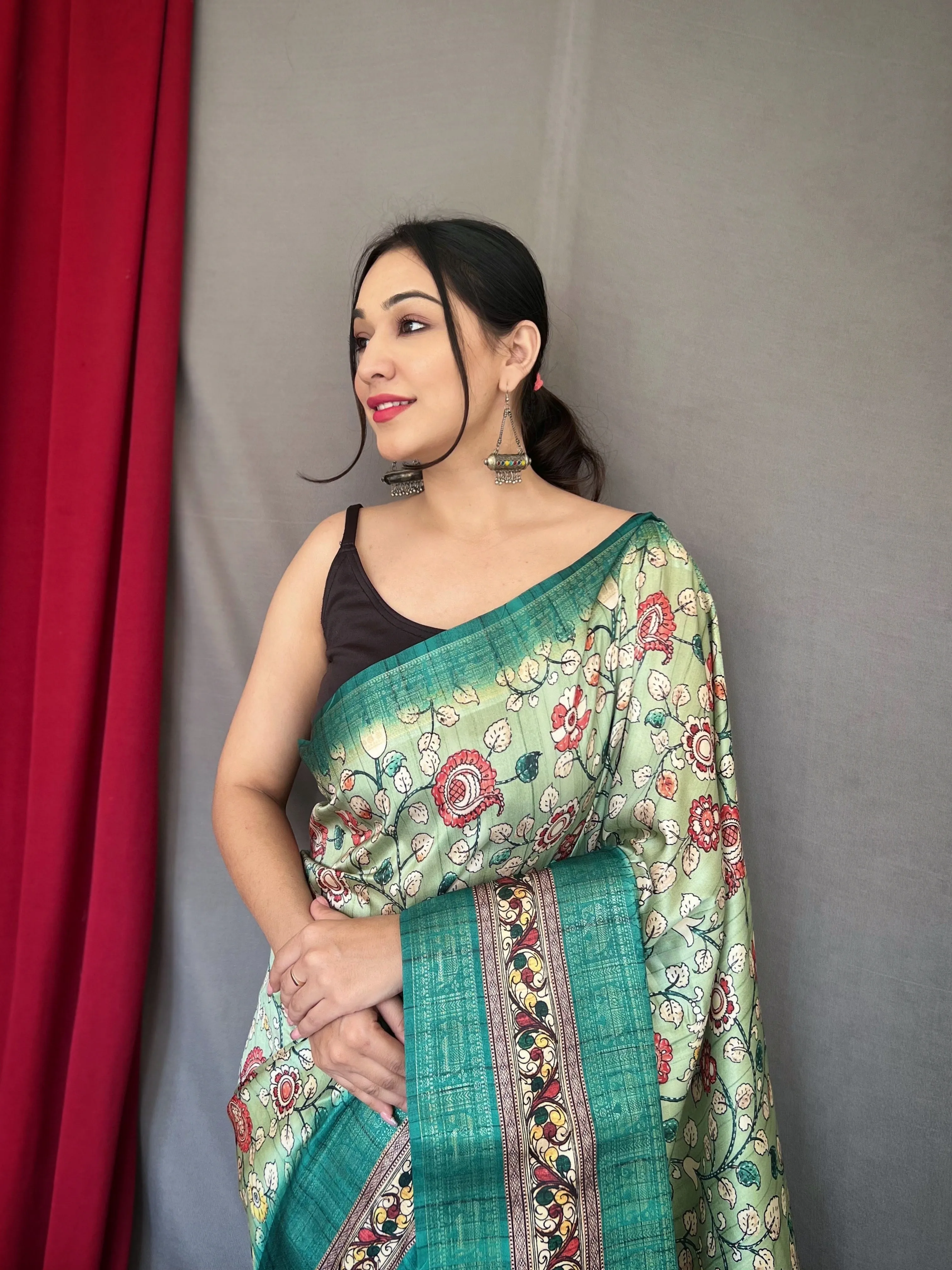 Green Mist Saree in Banarasi Silk Contrast Woven with Kalamkari Prints