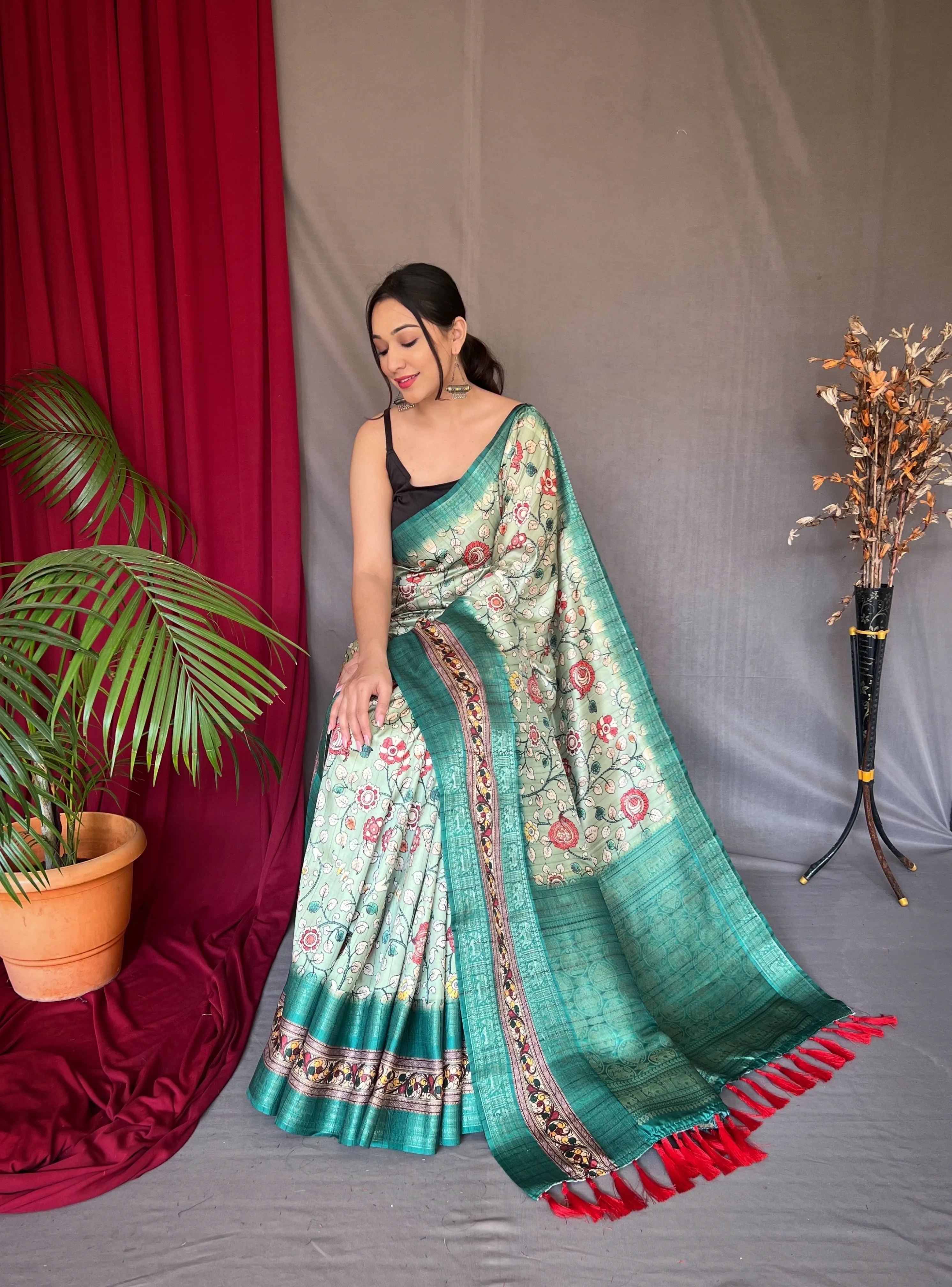 Green Mist Saree in Banarasi Silk Contrast Woven with Kalamkari Prints