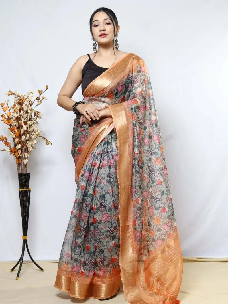 Green Saree in Organza Kalamkari Printed with Sequins Jacquard Woven