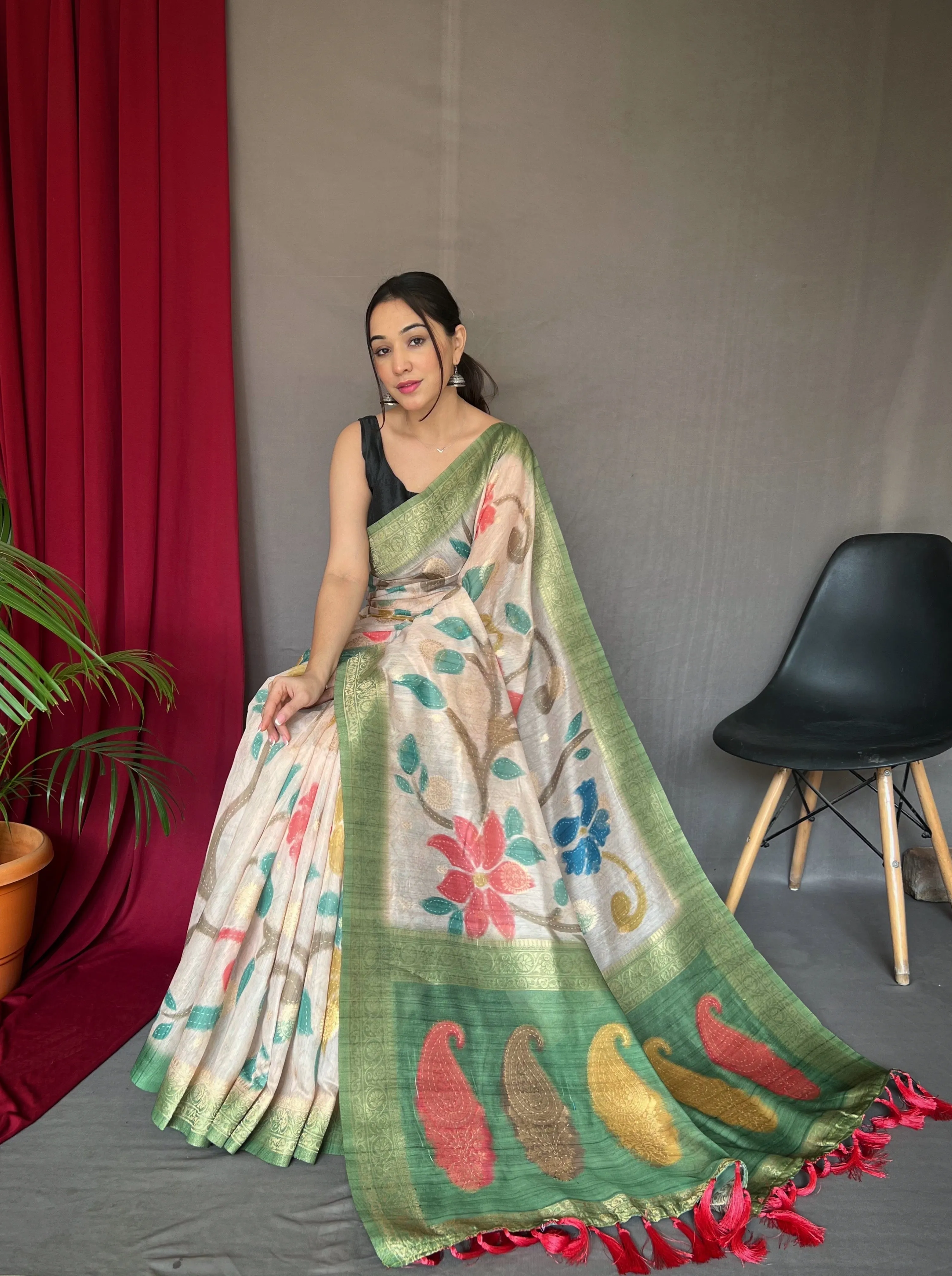 Green Saree in Pure Chanderi Banarasi Silk