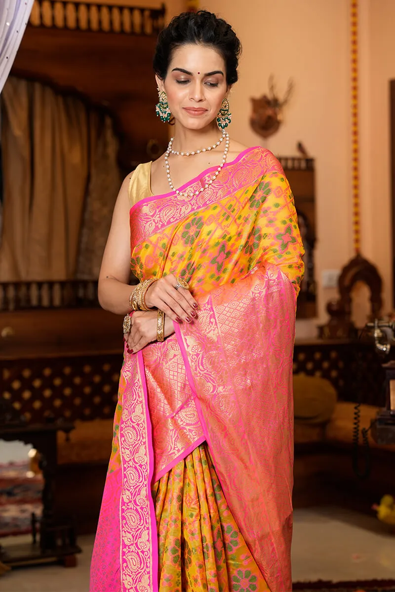 Groovy Yellow Organza Silk Saree With Prodigal Blouse Piece