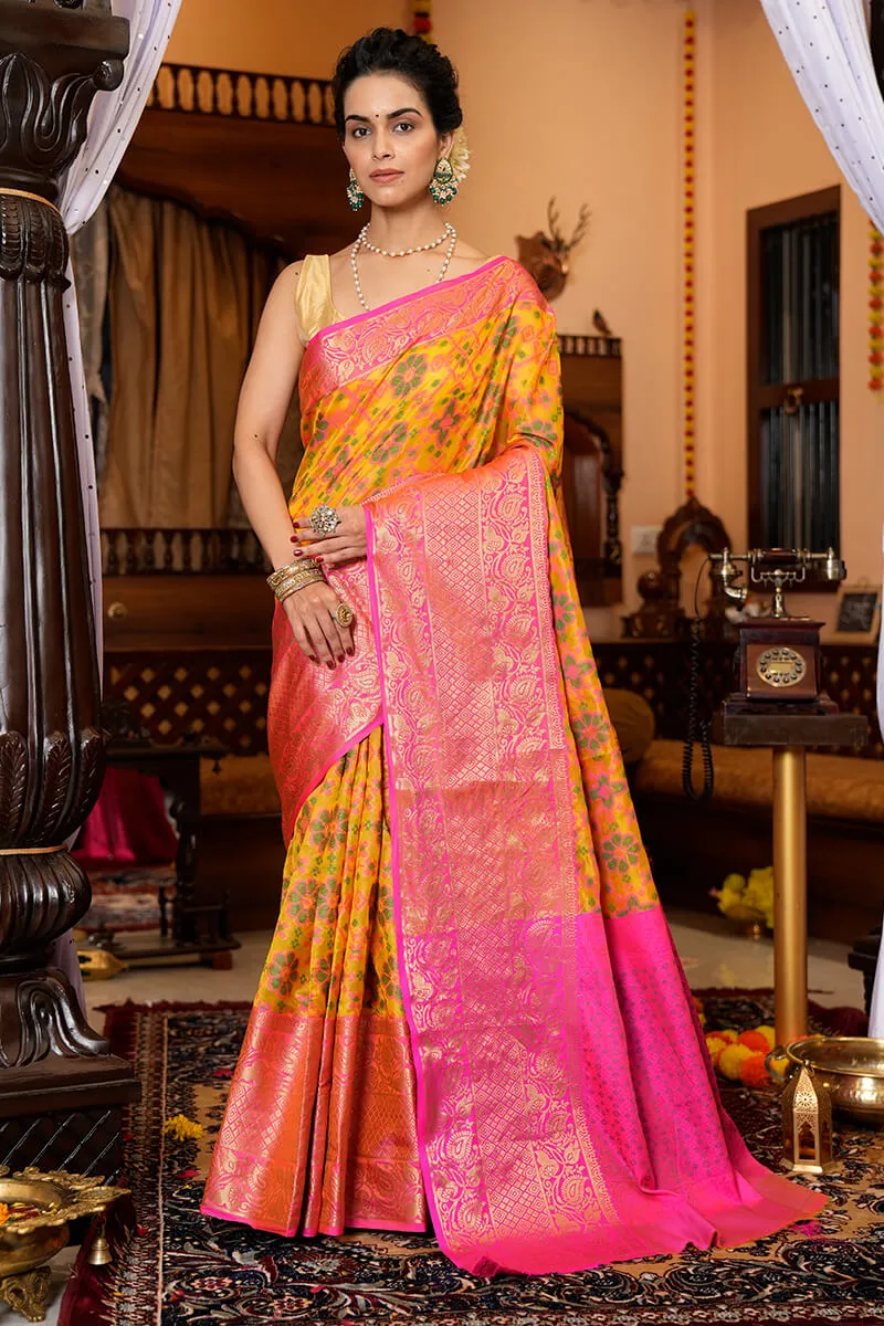 Groovy Yellow Organza Silk Saree With Prodigal Blouse Piece