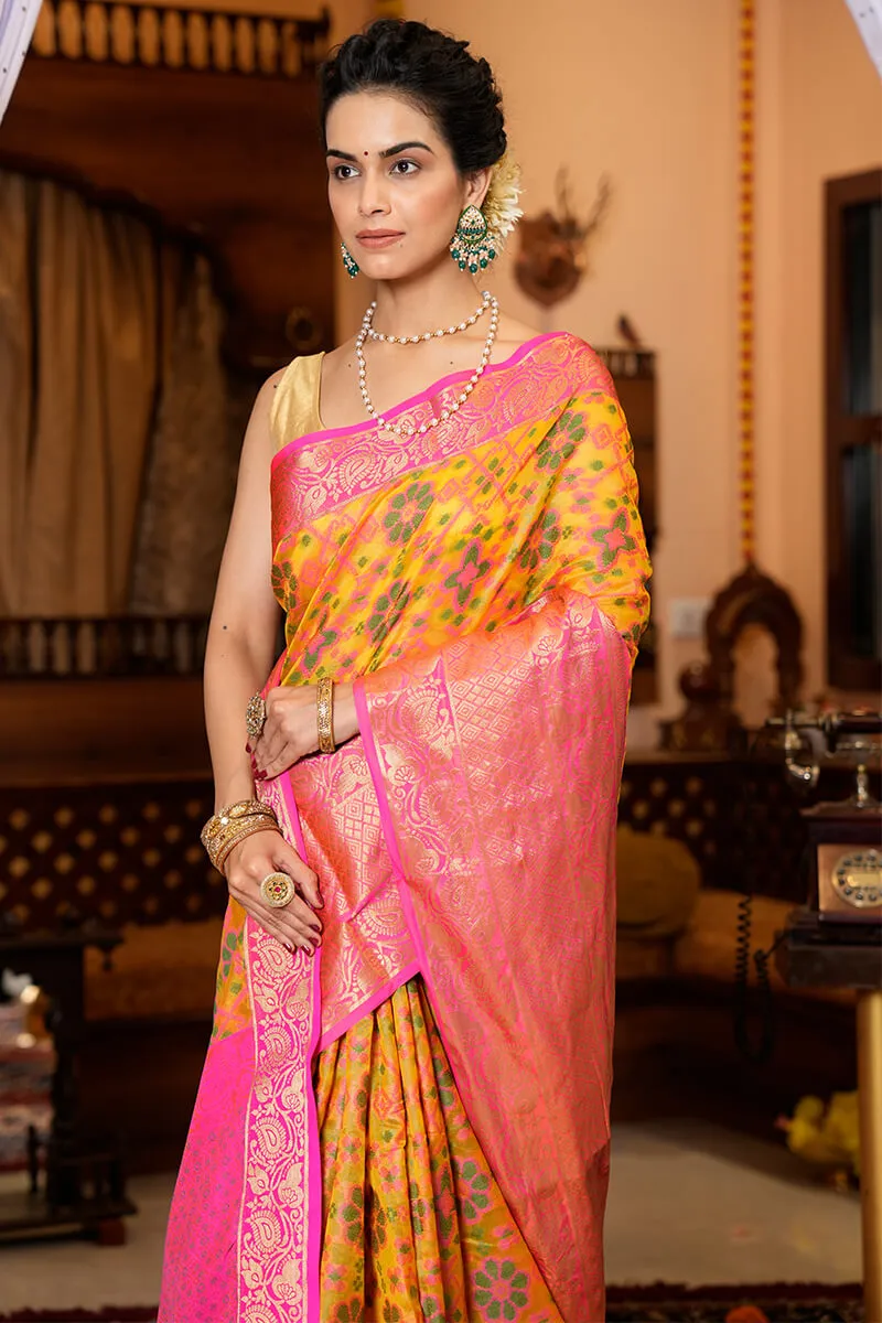 Groovy Yellow Organza Silk Saree With Prodigal Blouse Piece